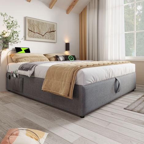 Cama con espacio de almacenamiento de lino de algodón gris 140x200 cm con USB-C y base completa de madera maciza