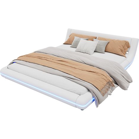 Letto Basso 160 x 200 cm in PU e MDF, Letto Matrimoniale con LED Regolabile, senza Materasso, Bianco (1/5)