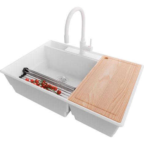PRIMAGRAN Evier Cuisine en Granit 78x53cm,Lavabo 2 bacs + Robinet 38x14cm + Kit de Vidage + Accessoires, Évier à Encastrer au meuble 80cm - Paris, Blanc (1/5)