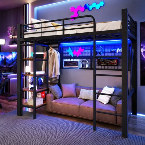 Cama alta 90x200 cm con estructura de metal y MDF, estante, colgador para ropa, luz LED y espacio inferior abierto para dormitorio juvenil, en negro  CHICFURN (1/5)