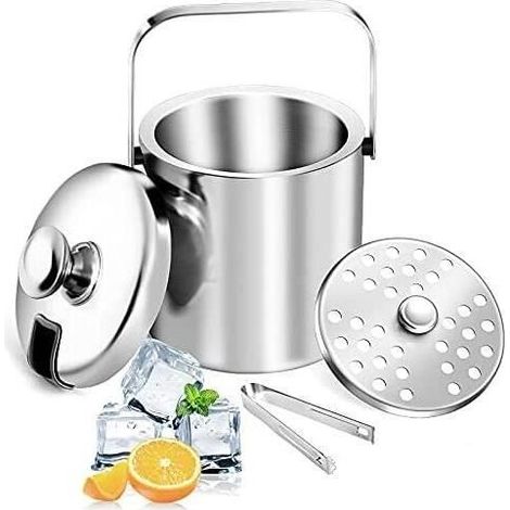 Seau à glaçons - Isotherme 1,3L - Acier inoxydable 304 - Couleur Argent - Avec couvercle et pince (1/4)