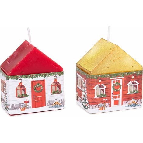 Candele natalizie a forma di casetta con tetto colorato in rosso o oro, dettagli decorativi e stoppino centrale, set da 12 pezzi, cm 5,5 x 4 x 6,5 H