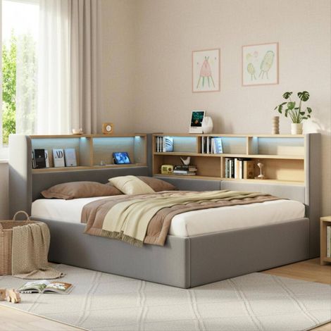 Etagenbett 140/200 cm de terciopelo gris con almacenaje, LED y USB (1/5)