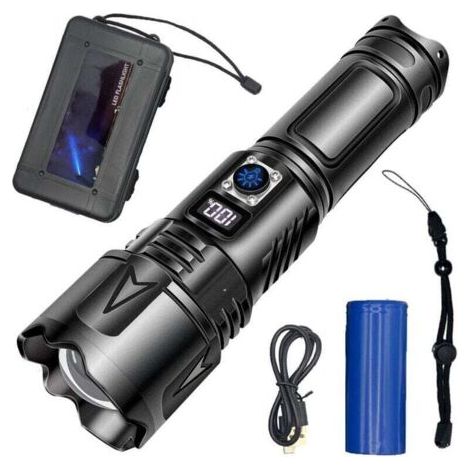 Lampe Torche LED Ultra Puissante,  Lampe de Poche Rechargeable USB C, Multifonction Longue Portée Tactique Torches, Zoomable IPX6 Etanche Flashlight, LCD Affichage, Pour Camping [Classe énergétique A+ (1/5)