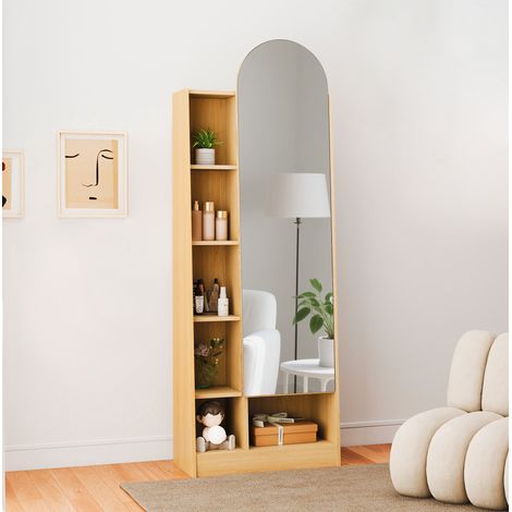 Aufbewahrungsschrank mit Spiegel, Hochschrank 165 x 60 x 28 cm, verstellbare Böden, Natur HAVRYA (1/5)