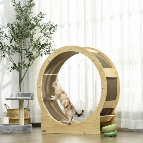 Roue d’exercice pour chats 91 cm avec frein et griffoir, bois couleur chêne OKWISH (1/5)