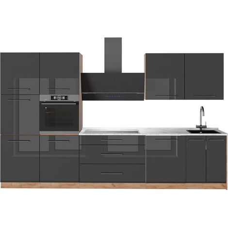 Cucina componibile Fame-Line, Antracite lucido/Rovere dorato, 340 cm, PL Marmo, Vicco (1/5)