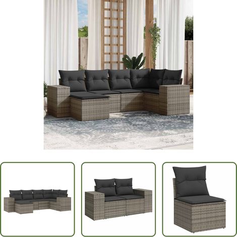 Gartensessel -  6-tlg. Garten-Sofagarnitur mit Kissen Grau Poly Rattan