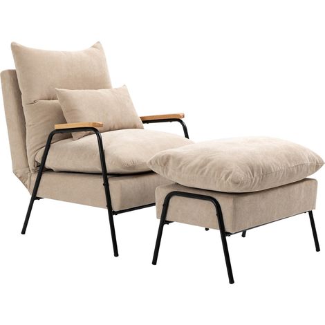 Sillón tapizado con reposapiés, sillón reclinable con función reclinable, silla tapizada, cojín, sillón de TV, 68 x 91,5 x 88 cm, beige (1/5)
