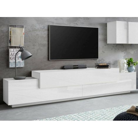 Dmora - Mueble de televisión Dlamann, Aparador bajo para salón, base soporte TV, 100% Made in Italy, cm 240x45h52, Blanco brillo y mate (1/5)