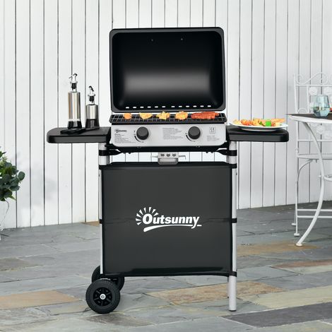 Barbecue gaz 2 brûleurs en acier inoxydable, puissance 2,8 kW, barbecue de jardin 2 grilles, 104 x 49 x 99 cm, noir
