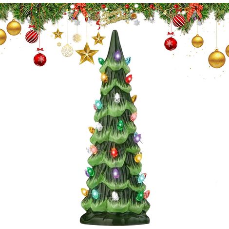 Sapin de Noël rétro peint à la main avec minuterie, arbres de Noël en céramique qui s'allument, sapin de Noël de table avec lumières LED, pour décoration festive de table (lumières colorées, 20 cm) (1/5)