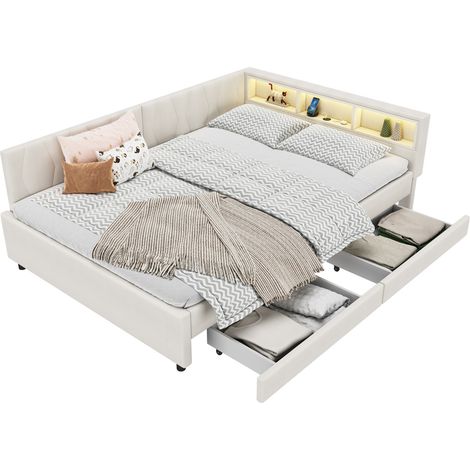 Lit daybed en lin beige 140x200 cm avec LED, ports USB/Type C, rangements et sommier à lattes inclus (1/5)