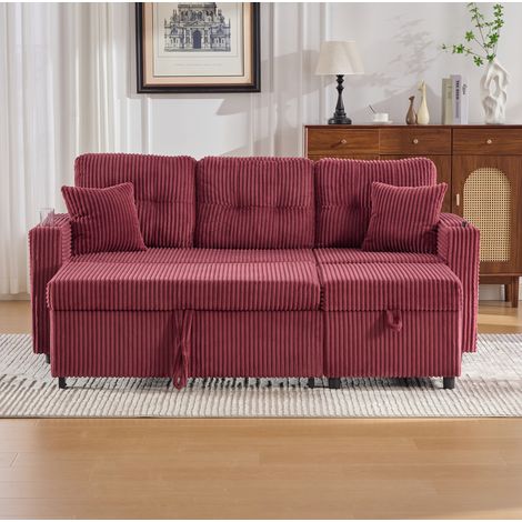 Divano letto 196x82x85 cm rosso vino in velluto a coste con contenitore, USB-C, LED e portabicchieri (1/5)