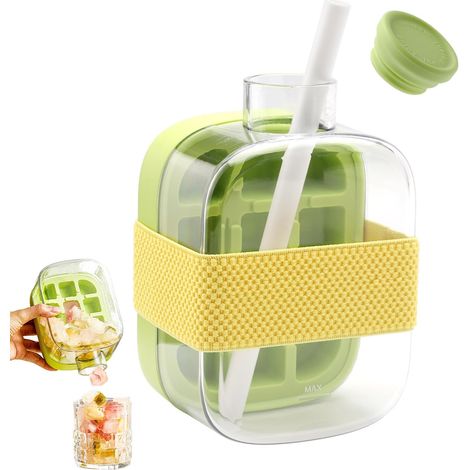 [NUNCA UTILIZADO]Cubitera, Cubitera, Cubitera con tapa y recipiente, Cubitera, Botella de agua 2 en 1, Cubitera para bebidas, café, jugo (500 ml, Verde) (1/5)