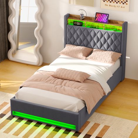 Cama tapizada 140x200 cm con somier de lamas, terciopelo, espuma de alta elasticidad, estructura de MDF, contrachapado y hierro, gris oscuro DESVIAE (1/5)