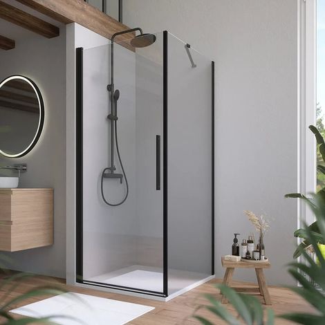 Cabine de douche 75 x 80 cm avec porte battante et paroi fixe profilés noir mat et verre transparent 6 mm h195 Elba (1/4)