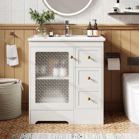 Meuble vasque salle de bain 80x50x87 cm avec tabouret 2-en-1, LED, vasque céramique, MDF blanc (1/5)