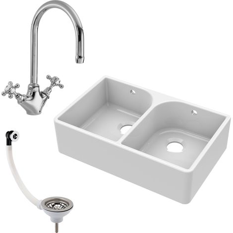Fireclay 795mm Double Bowl Butler Kitchen Sink - Full Weir with Mono Mixer Tap & Wastes, Ceramic Kitchen Sink & Tap (1/5)