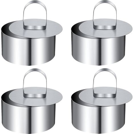 4 x Stainless Steel Pastry Circle, Cake Moulds, Dessert Rings and Pastry Circles, Round Cake Mould with Lever Press Tool (1/5)