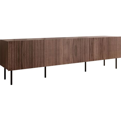 Mobilier1 – Meuble TV Melala 104 – MDF stratifié noir et noyer – Dimensions 201x58x40cm – Pieds en métal pour accès robot aspirateur (1/5)