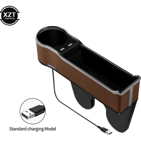 (USB marron) Organisateur d'espace pour siège auto avec double port USB de chargement, rangement pour siège avant avec porte-gobelet et boîte de rangement en PU (1/5)