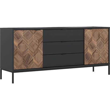 Credenza con 2 ante e 3 cassetti Nero e Naturale scuro - MIALINE (1/5)