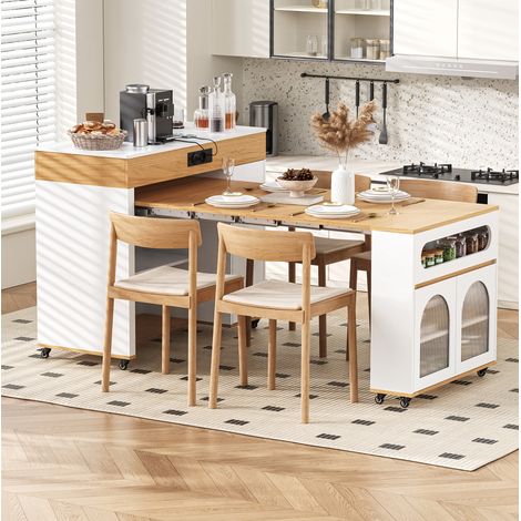 Tavolo da cucina estensibile su ruote con presa, bianco e naturale DESVIAE (1/5)