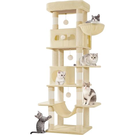 Albero per Gatti, tiragraffi per gatti adulti 170 cm, giochi per gatti, Lavabile, trespolo per gattis con 2 Grotte, 8 Tiragraffi, Cestini, Amaca, Pompon, Beige (1/5)