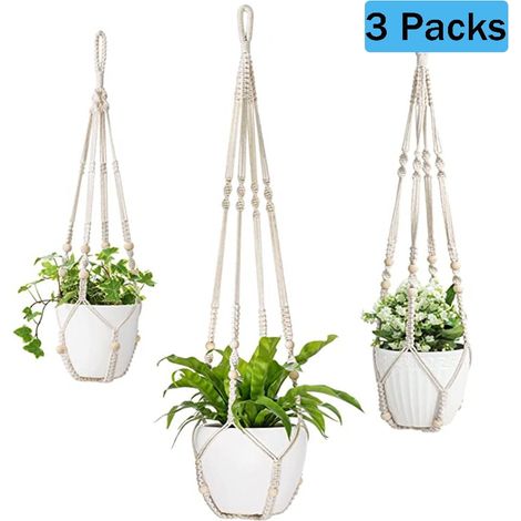 Support Pour Plante Suspendu - Cordon Coton 100 % - Longueur 89 cm - Convient Pour Pot Jusqu'à 23 cm de Diamètre - Blanc - Lot de 3 (1/5)