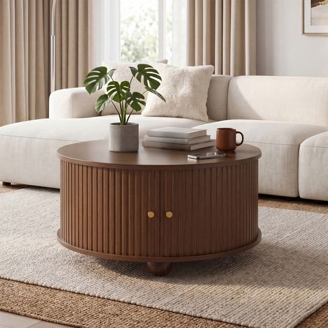 Table basse ronde 72x72x38 cm avec 2 portes coulissantes, 4 niches, , pieds et poignées métal, mdf, Noyer (1/5)