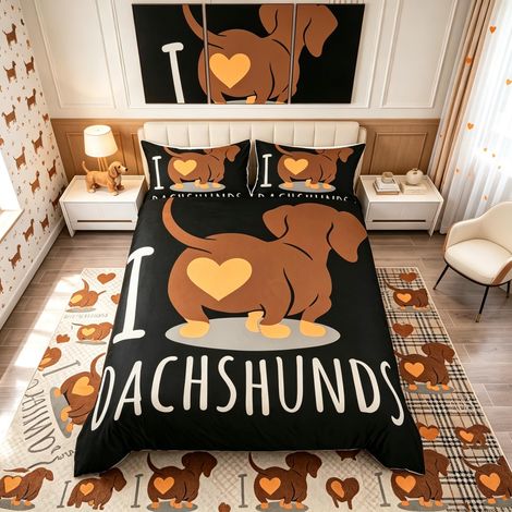 Parure de lit avec housse de couette et motif teckel - Pour enfants, garçons, tout-petits, motif saucisse, collection pour la chambre 3 pièces, super grand lit, noir (1/5)