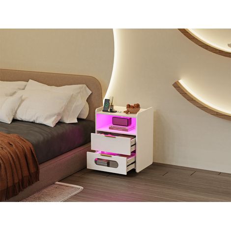 Table de Chevet Intelligente LED avec 16 Couleurs RVB & Station de Recharge – 2 Tiroirs de Rangement, MDF Haute Qualité – Design Moderne Gain de Place 50x40x64cm (Chambre/Salon/Bureau) (1/5)