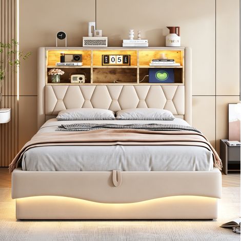 Lit rembourré 140x200 cm avec rangement hydraulique, LED, USB et structure métallique, beige (1/5)