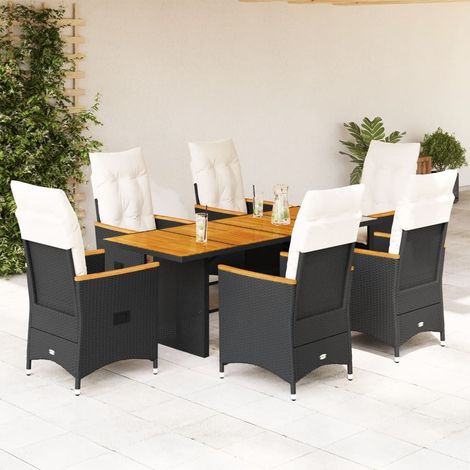 Ensemble repas de jardin 7 pièces avec 6 fauteuils inclinables noir, résine tressée - PANGIVO (1/5)
