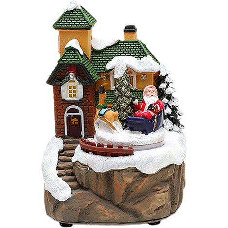 Maison de Noël en résine avec toit vert, décoration lumineuse LED rotative à fibre optique et haut-parleur intégré, ambiance enneigée festive (1/5)