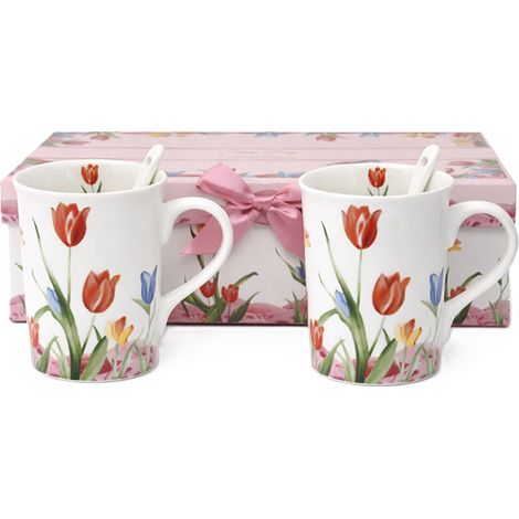 Juego de dos tazas de porcelana con forma de tulipán de 320 ml con cucharas y caja de regalo. (1/5)