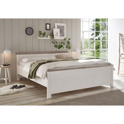 Doppelbett FERNA-61 in Pinie weiß Nb. mit Absetzungen in Pinie dunkel Nb., B/H/T: ca. 195/86/208 cm (1/5)