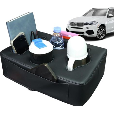 Porte-gobelet et organiseur pour siège arrière de voiture - Plateau en cuir synthétique pour tasse, collations et téléphone portable - Porte-gobelet universel pour banquette arrière, camping et canapé (1/5)