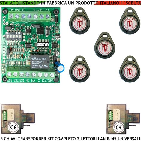 Chiave Elettronica di Prossimità 5 TAG Trasponder 2 Lettori su Modulo LAN Universale 501/503 RJ45 Alimentazione 12/24 Vac Relè Scambio 2 A 24 V Funzione Impulsiva o Stabile Segnale di Stato 4 Led GRVB (1/4)