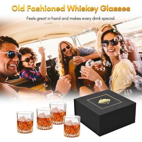Ensemble de 4 verres à whisky en cristal de 10 oz à l'ancienne avec boîte de luxe pour boissons à cocktail Scotch Bourbon, cadeau unique pour hommes (1/5)