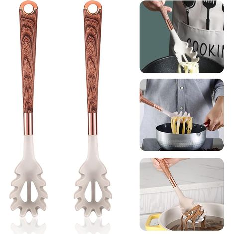 2 PCS Fourchette à Pâte Silicone 32.5cm Bord Denté Manche en Bois Résistant Chaleur Cuisine (1/5)