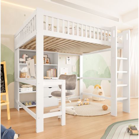 Cama alta 140x200 cm de pino macizo y MDF, blanca, con escritorio, 3 cajones y estantes (1/5)