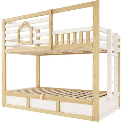 Letto a castello bambini 90x200 cm stile casetta bianco-legno con scala e contenitore idraulico (1/5)