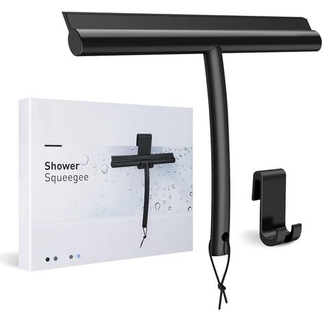 Raclette de douche en silicone noir avec support sans perçage - 23,5 cm - Raclette de douche - Raclette de fenêtre pour douche, fenêtre, verre, miroir de voiture (1/5)