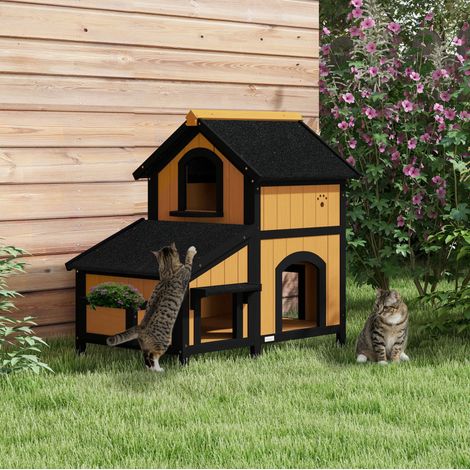 Casa per gatti da esterno 96x65x85.5 cm, a 2 piani, con più ingressi, tetto inclinato, legno giallo (1/5)