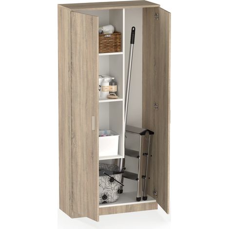 Armoire multi-usages 2 portes pour nettoyage, cuisines, galeries, 4 compartiments, une étagère réglable, 180x80x35cm, Chêne Cambrian (1/5)