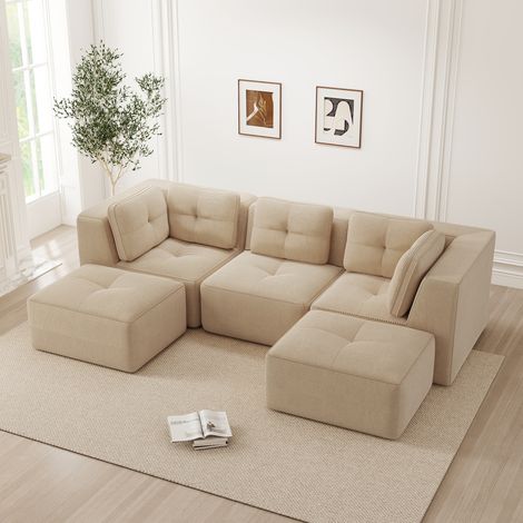 Canapé d'angle en U velours côtelé beige modulable avec pouf 3 places assise profonde livré monté
