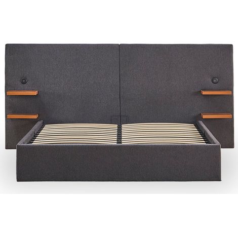 Lit-coffre complet avec tablettes et ports USB intégrés Lukas 140x190cm Tissu Gris