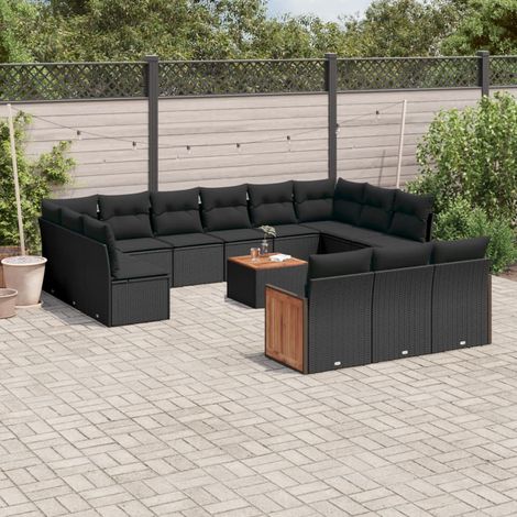 Ensemble de Jardin 3 pièces Noir avec 2 Fauteuils Réglables et Table Relevable en Résine Tressée et Acacia, avec Coussins Amovibles (1/3)
